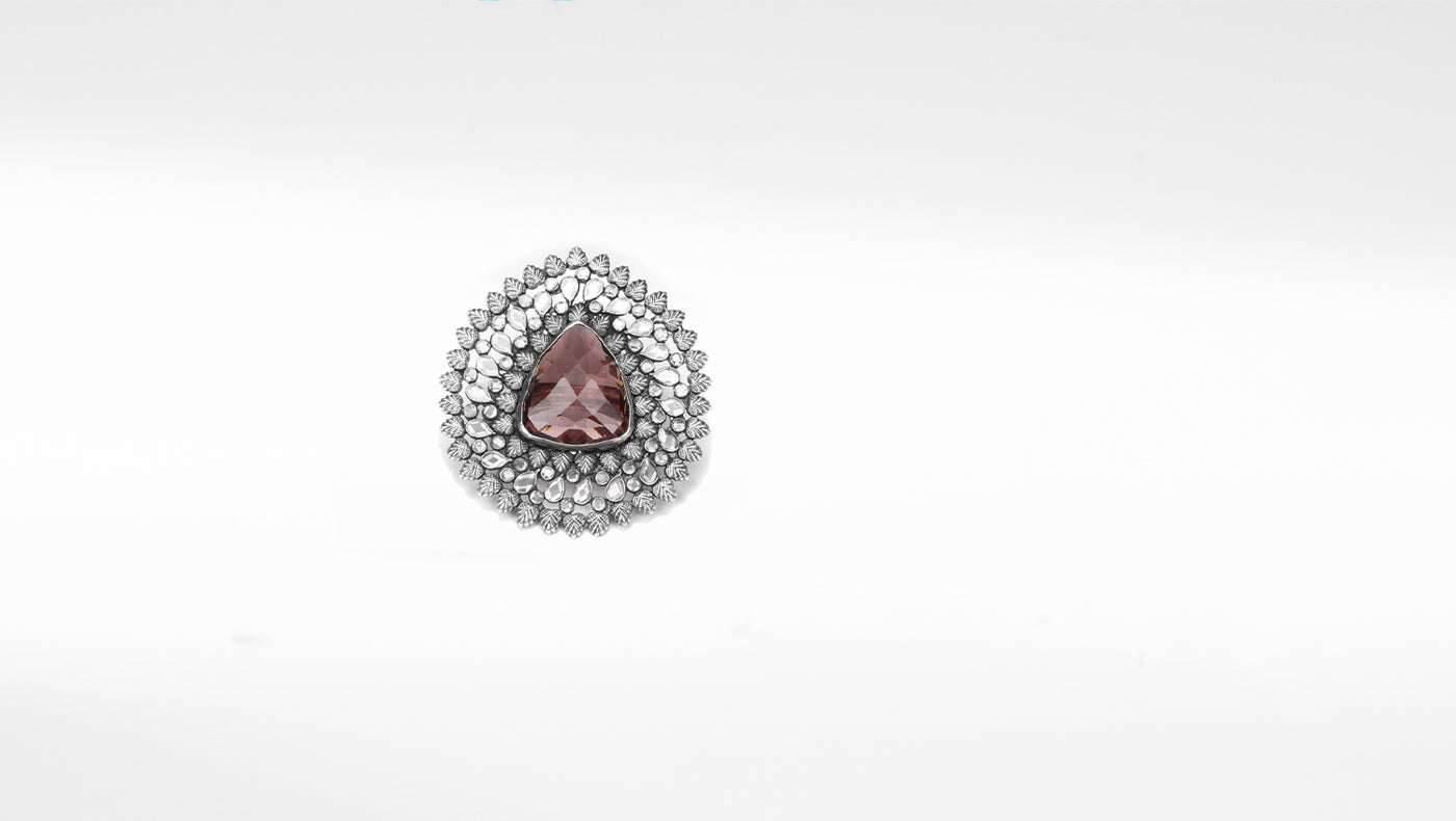 Sangeeta Boochra Silver Oxidised Adjustable Motifs Floral Ring with Triangle Shaped Gemstone
