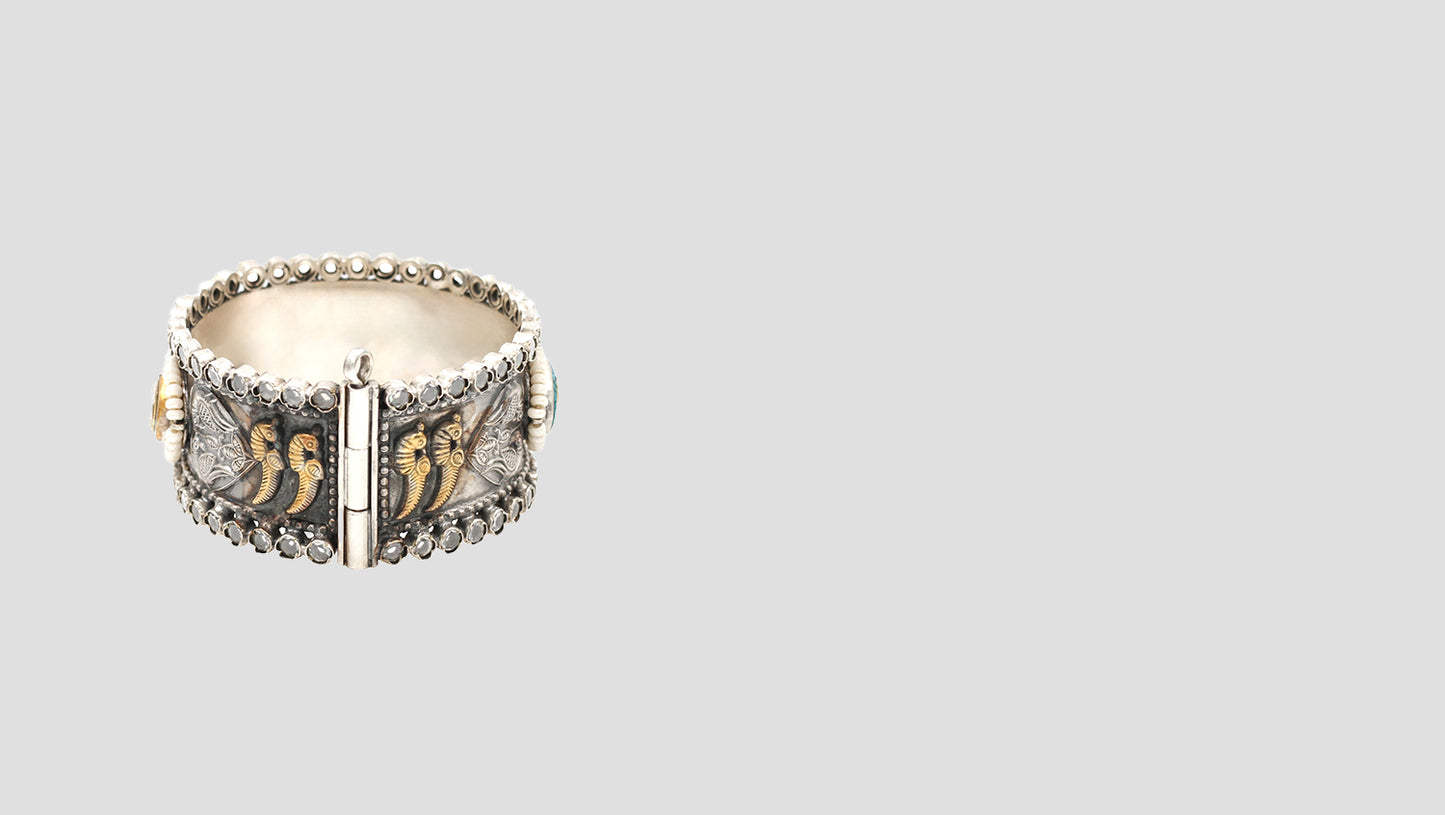 Eternal Charm: Handcrafted Silver Bangle with Turquoise and Pearls