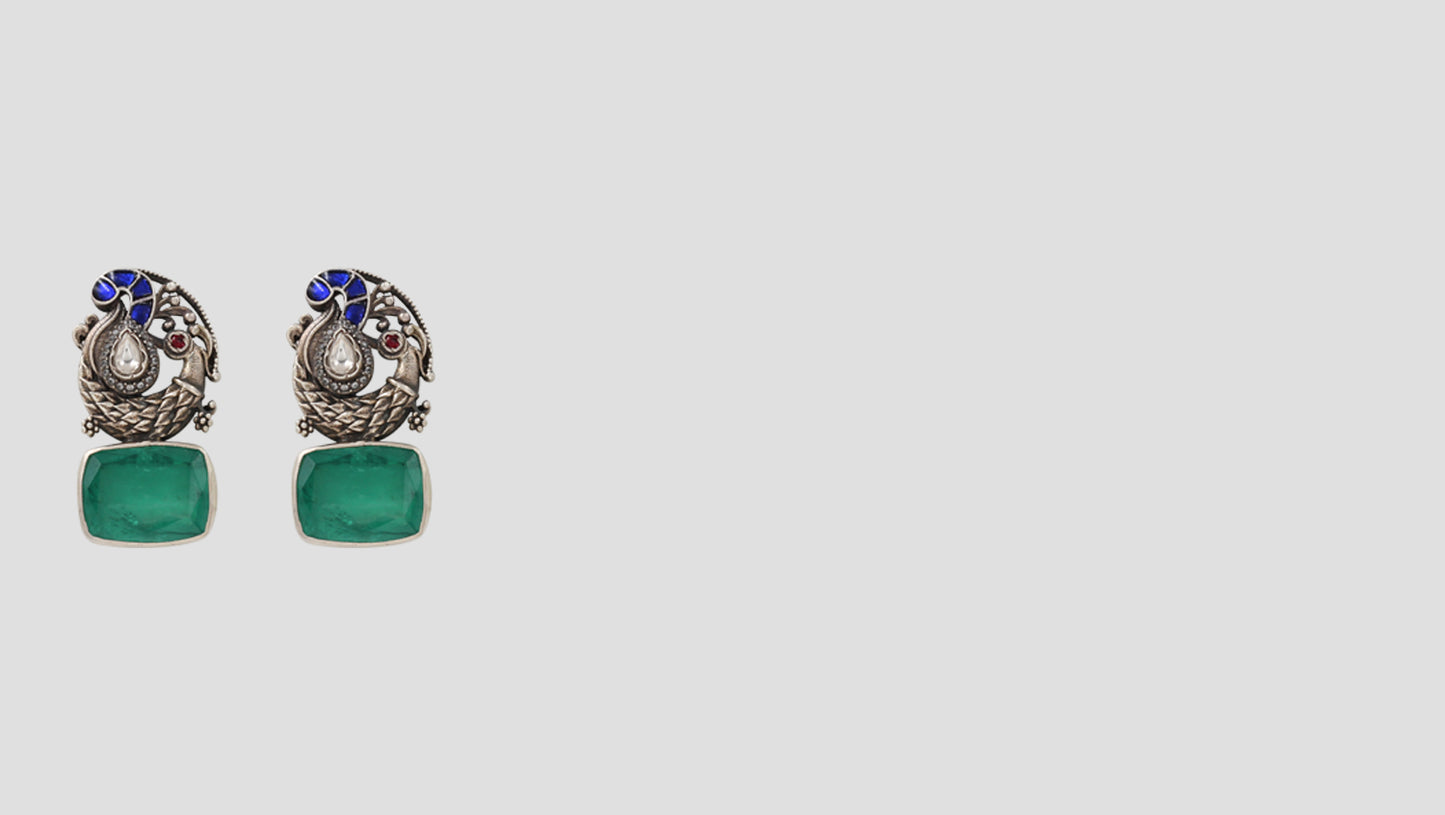 Graceful Charm: Silver & Enamel Peacock Earrings with Green Stone
