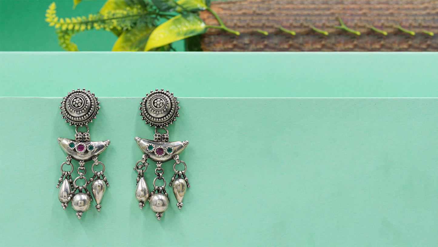Heritage Oxidised Silver Earrings with Green & Red Stone Detailing