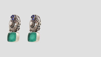 Graceful Charm: Silver & Enamel Peacock Earrings with Green Stone