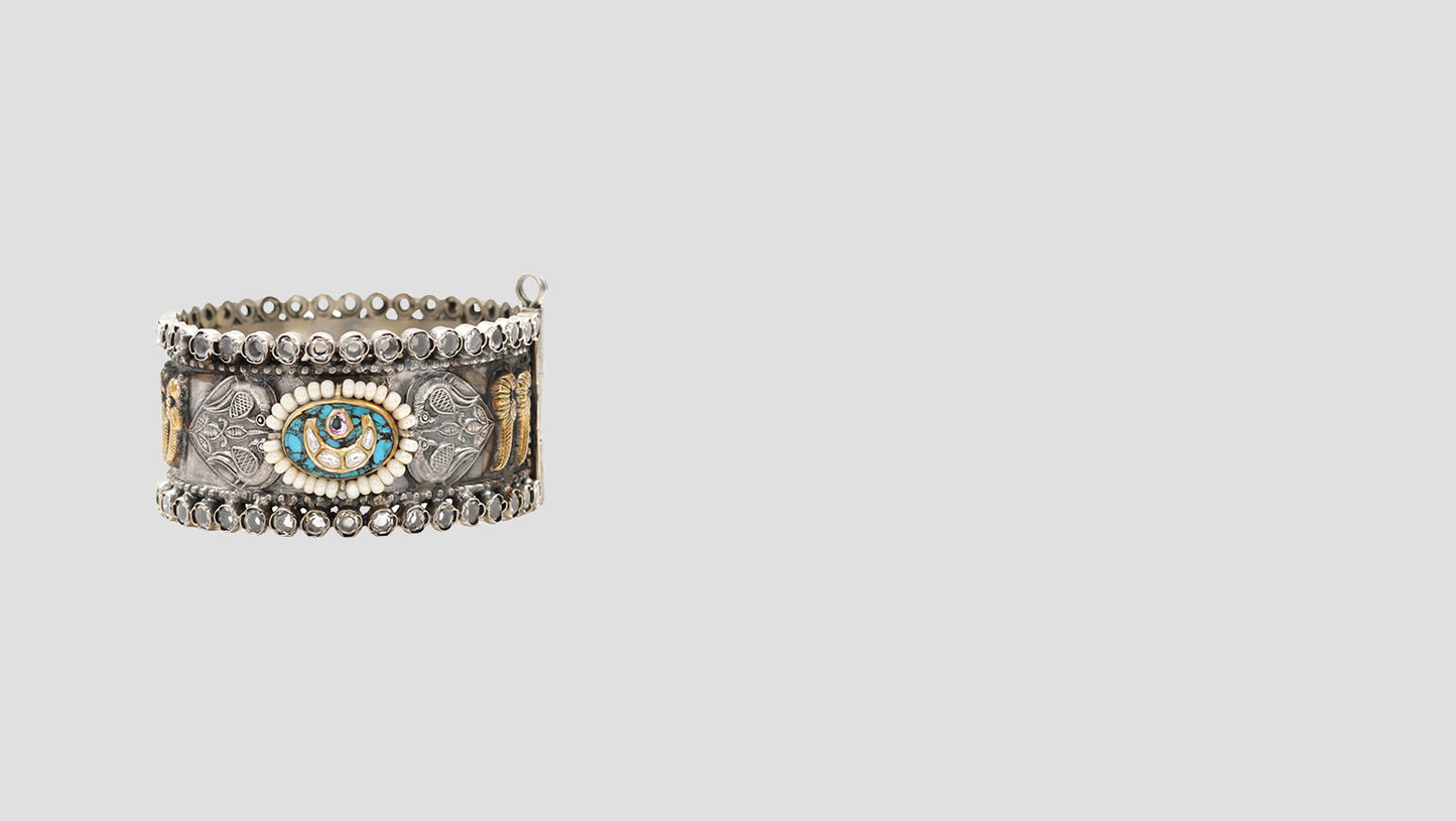 Eternal Charm: Handcrafted Silver Bangle with Turquoise and Pearls