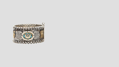 Eternal Charm: Handcrafted Silver Bangle with Turquoise and Pearls