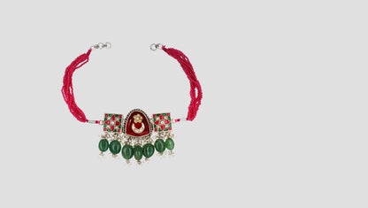 Sangeeta Boochra Red Beaded Silver Choker with Green Stone Drops