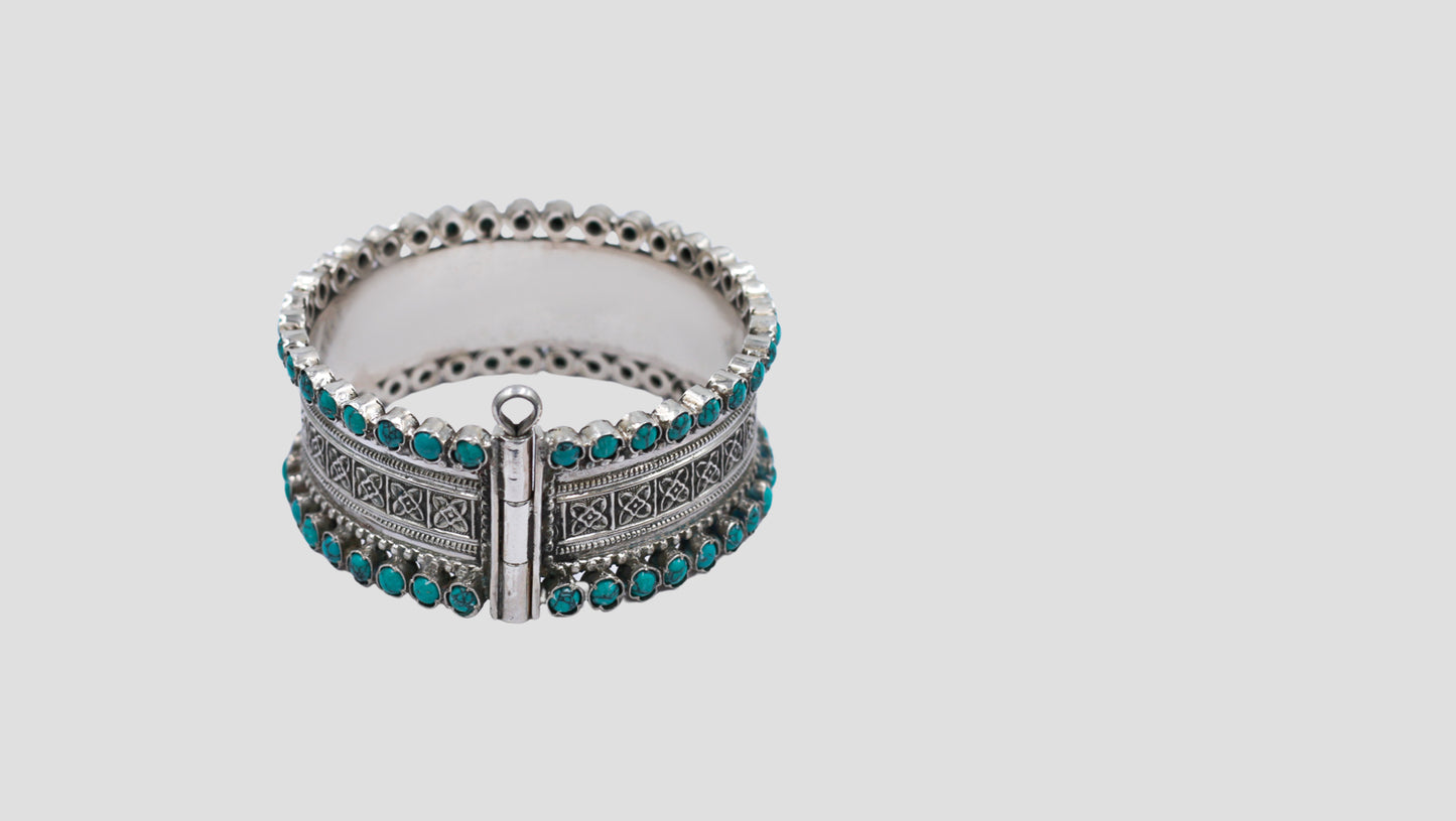 Handcrafted Silver Bangle with turquoise stone Detailing by Sangeeta Boochra