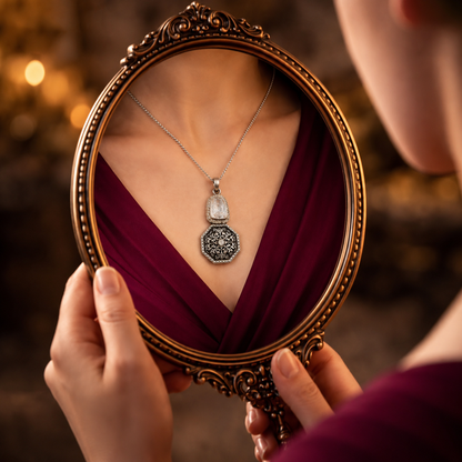 Sangeeta Boochra Designer Oxidised Silver Pendant with Floral Motif & Moissanite