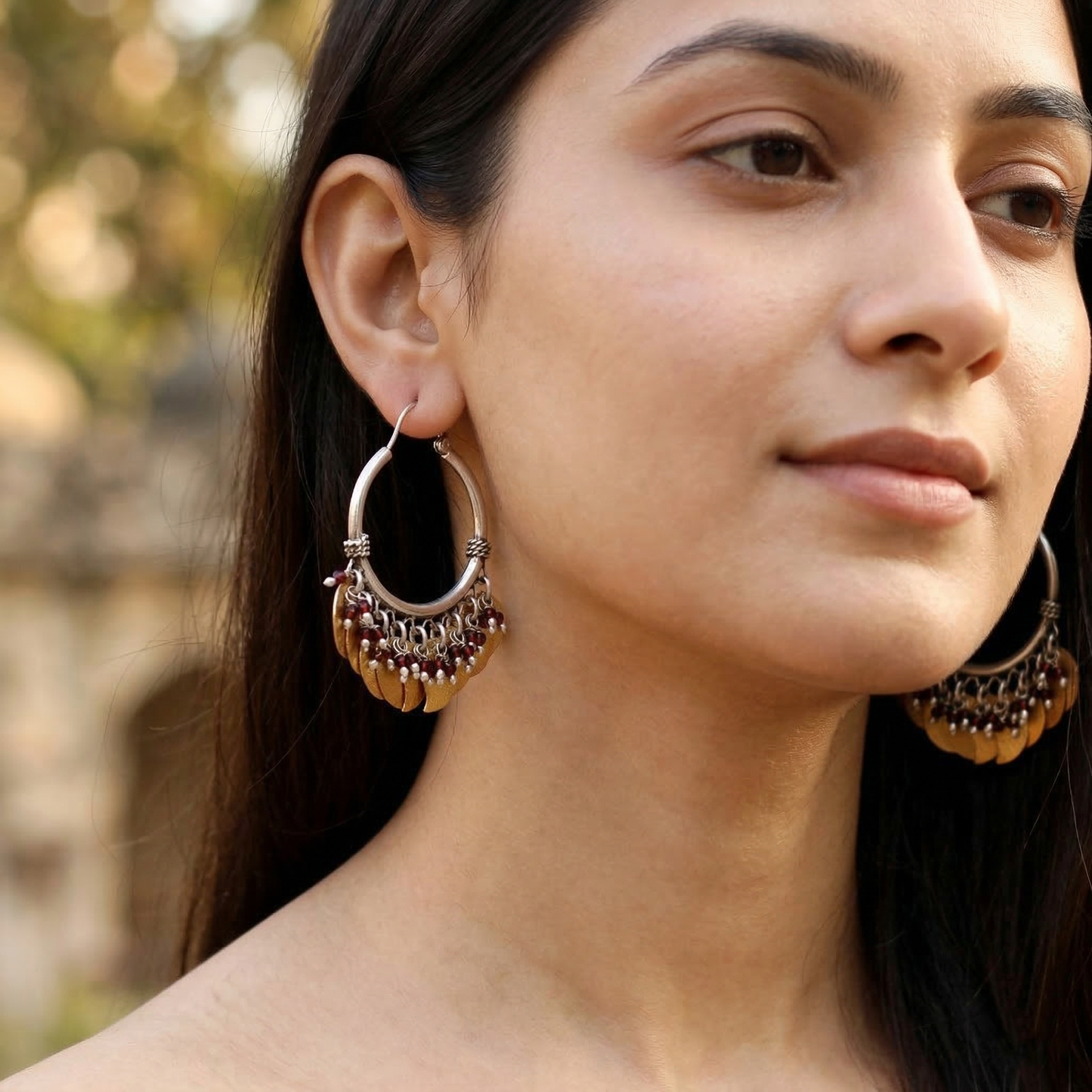 Sangeeta Boochra Handcrafted Silver Hoops with Golden Leaf Charms