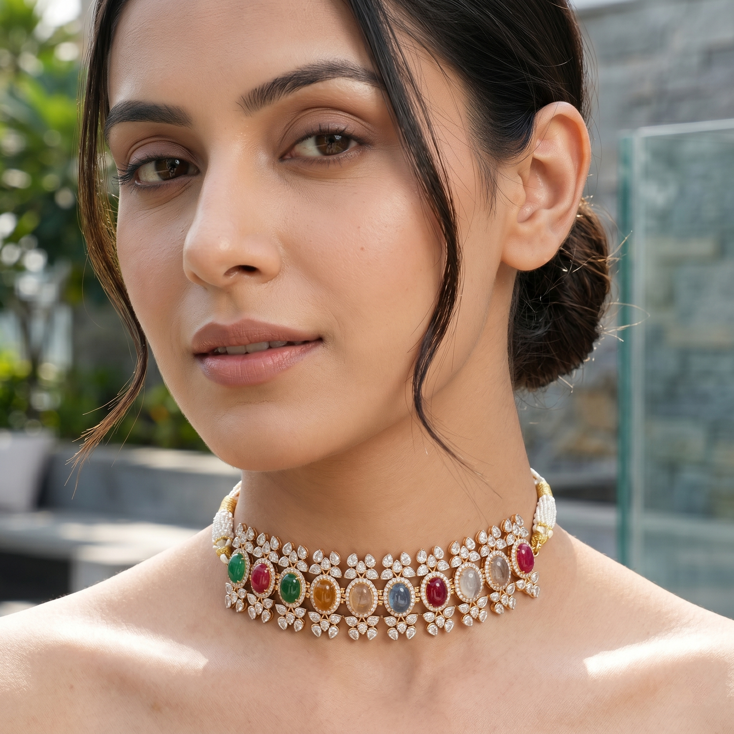 Sangeeta Boochra Gold-Plated Moissanite & Multi-Coloured Stone Choker Set