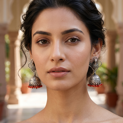 Peacock Motif Oxidised Silver Jhumka Earrings