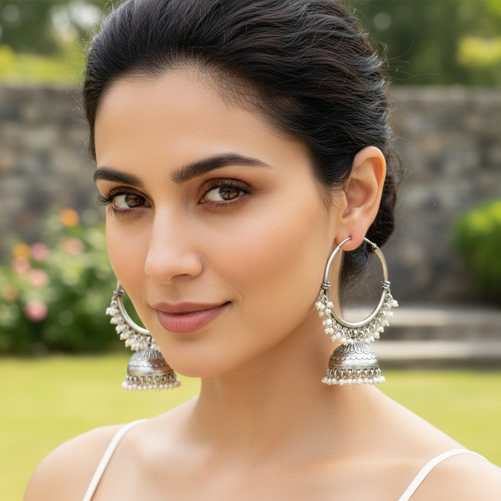 Classic Silver Hoop Jhumka Earrings by Sangeeta Boochra