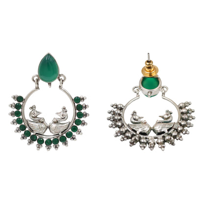 Sangeeta Boochra Designer Peacock Silver Earrings | Green Gemstone Statement Earrings