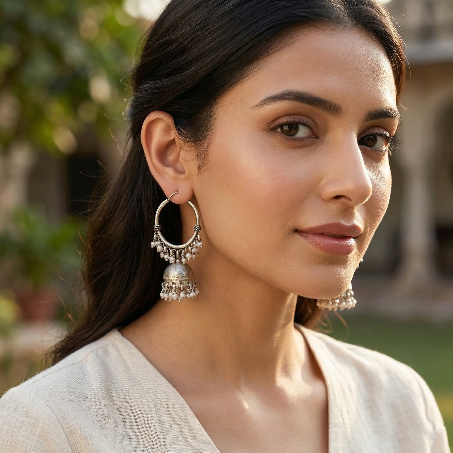 Sangeeta Boochra Classic Pearl Jhumka Silver Hoop Earrings