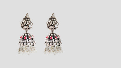 Sangeeta Boochra Peacock Motif Silver Jhumka Earrings with Ruby Kundan Stones & Pearl Hangings