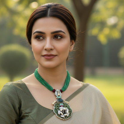 Sangeeta Boochra Statement Silver Pendant with Green Stone Detailing