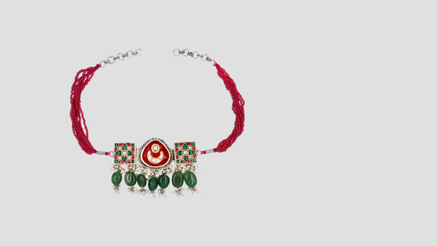 Sangeeta Boochra Festive Silver Choker with Green Bead Drops