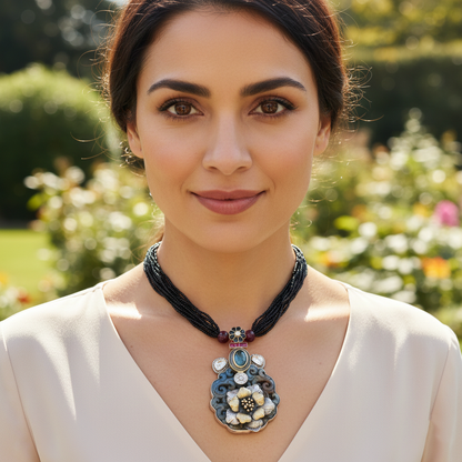 Sangeeta Boochra Black Beaded Silver Pendant  with Floral Detailing