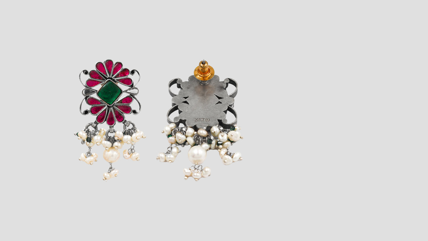 Handcrafted Silver Earrings with Pearls & Enamel Work