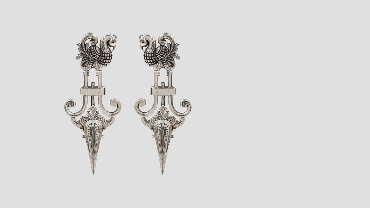 Sangeeta Boochra Handcrafted Oxidised Silver Peacock Motif Statement Earrings