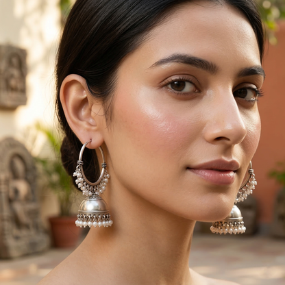 Oxidised Silver Hoop Jhumka Earrings by Sangeeta Boochra