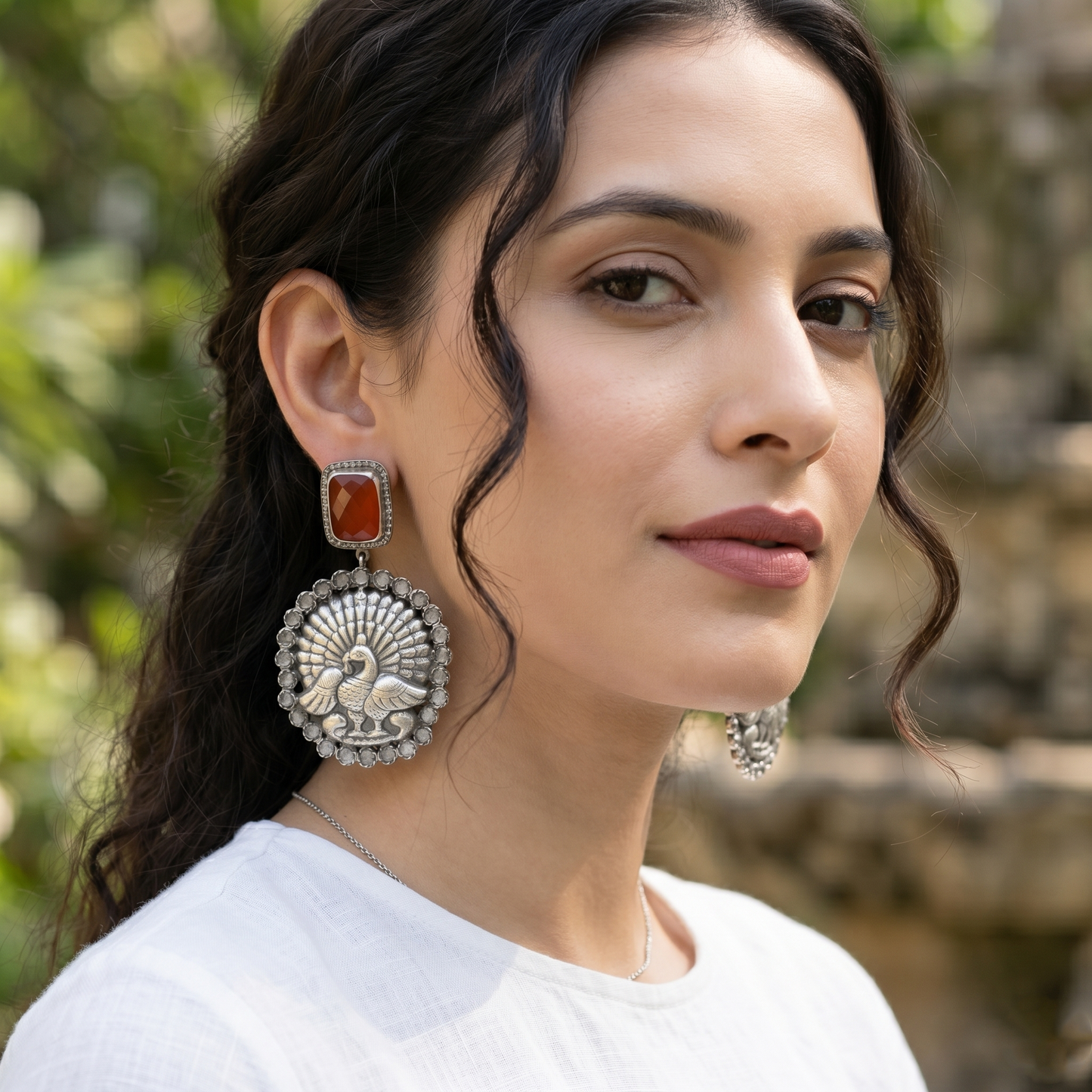 Sangeeta Boochra Peacock Motif Oxidised Silver Earrings