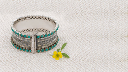 Handcrafted Silver Bangle with turquoise stone Detailing by Sangeeta Boochra