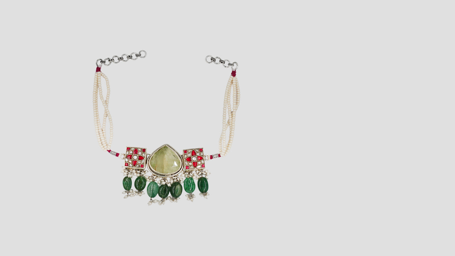 Sangeeta Boochra Artisan Silver Choker with Pearl Strands and Green Drops
