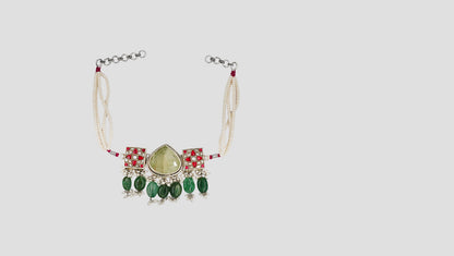 Sangeeta Boochra Artisan Silver Choker with Pearl Strands and Green Drops