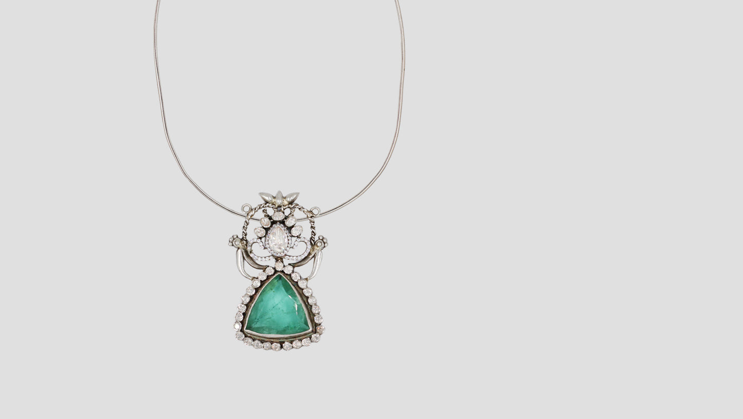 Sangeeta Boochra Elegant Moissanite Silver Pendant with Green Triangular Stone