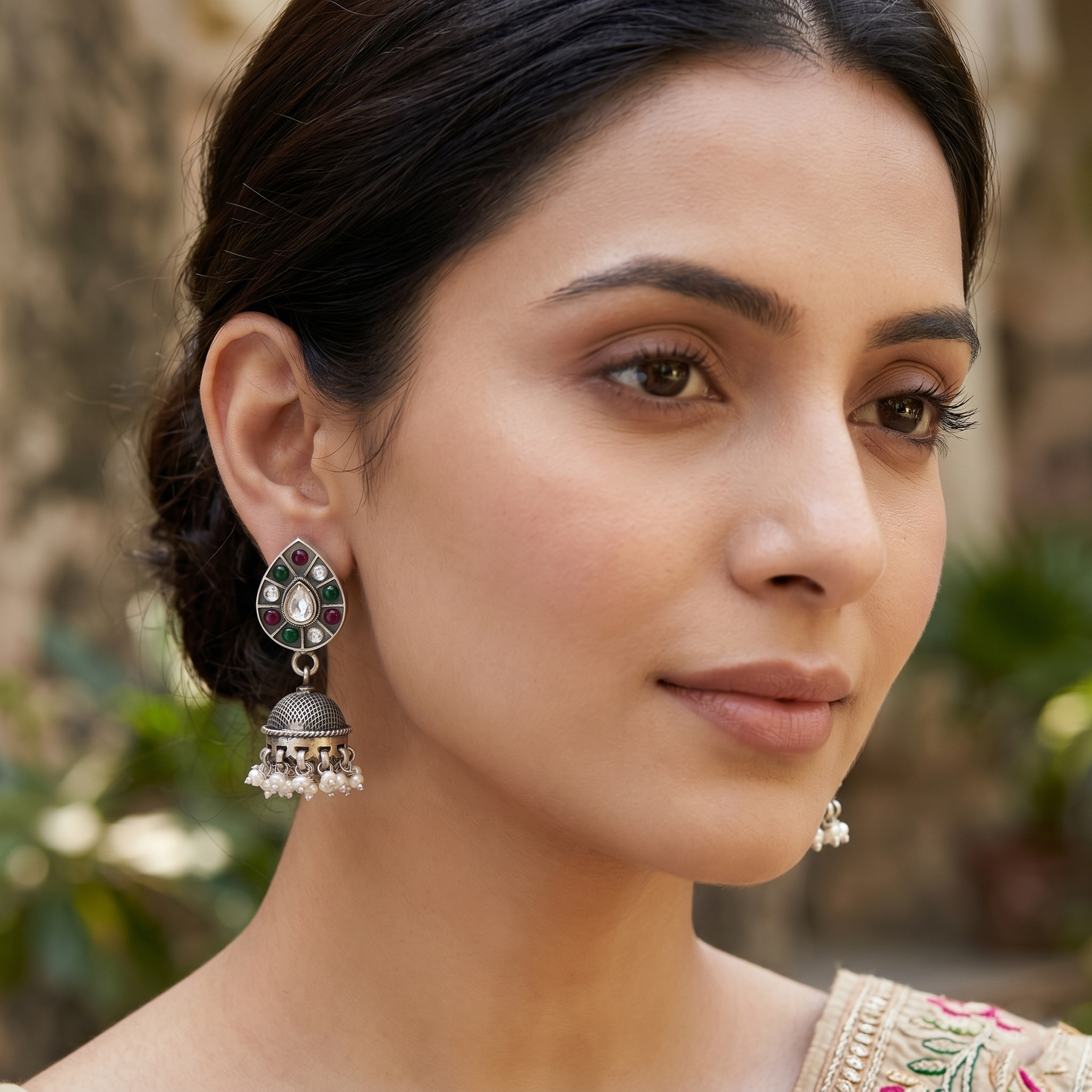 Sangeeta Boochra Handcrafted Oxidised Silver Kundan Jhumka with Pearl Drops