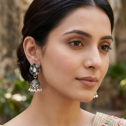 Sangeeta Boochra Handcrafted Oxidised Silver Kundan Jhumka with Pearl Drops
