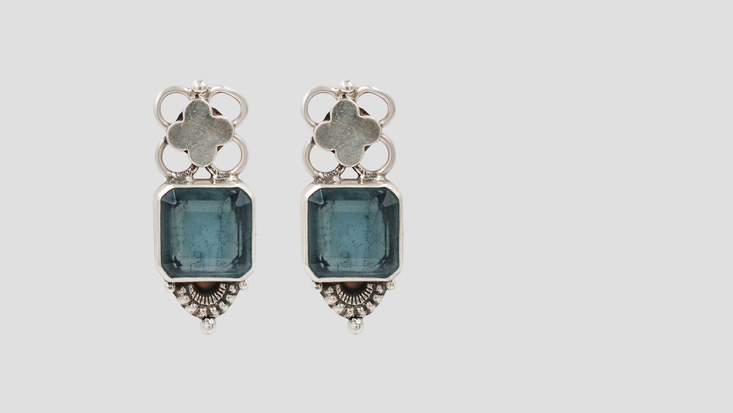 Floral Motif Oxidised Silver Earrings with Blue Stone – Sangeeta Boochra
