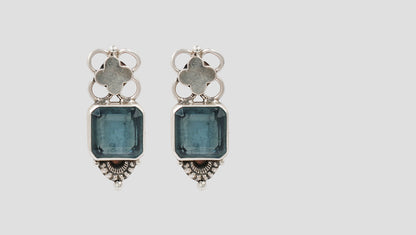 Floral Motif Oxidised Silver Earrings with Blue Stone – Sangeeta Boochra