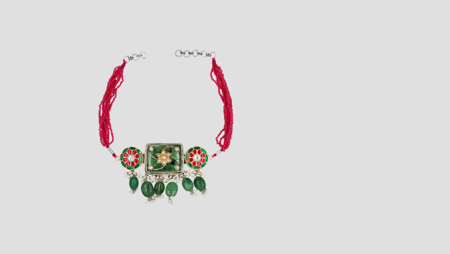 Sangeeta Boochra Red Beaded Silver Choker with Green Drop Beads