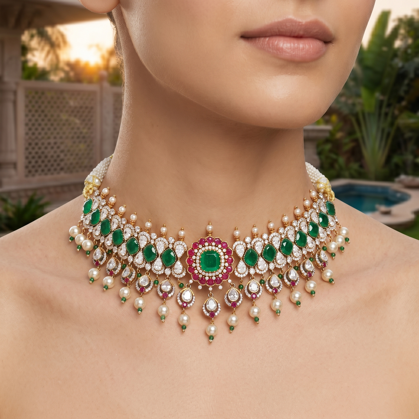 Sangeeta Boochra Moissanite Choker Set with Pearl Drops
