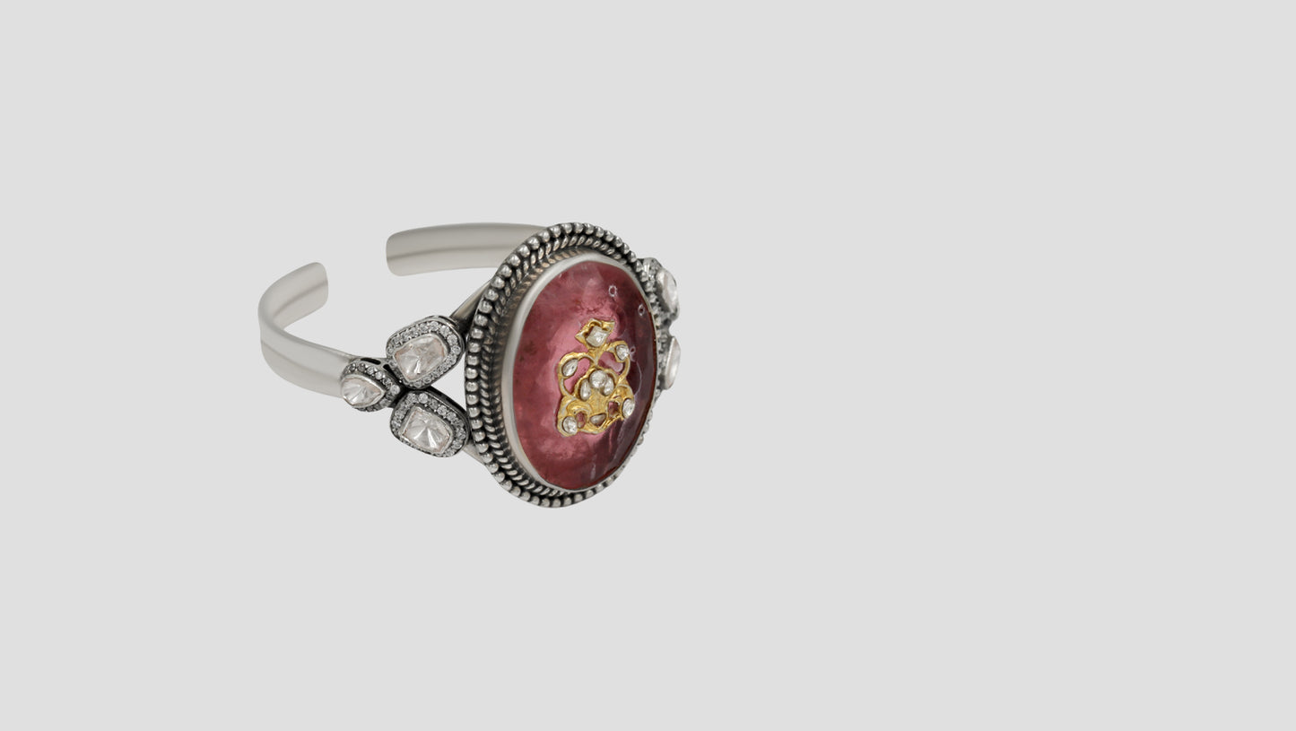 Sangeeta Boochra Silver Statement Bracelet with Rose-Tone Stone & Kundan Detailing