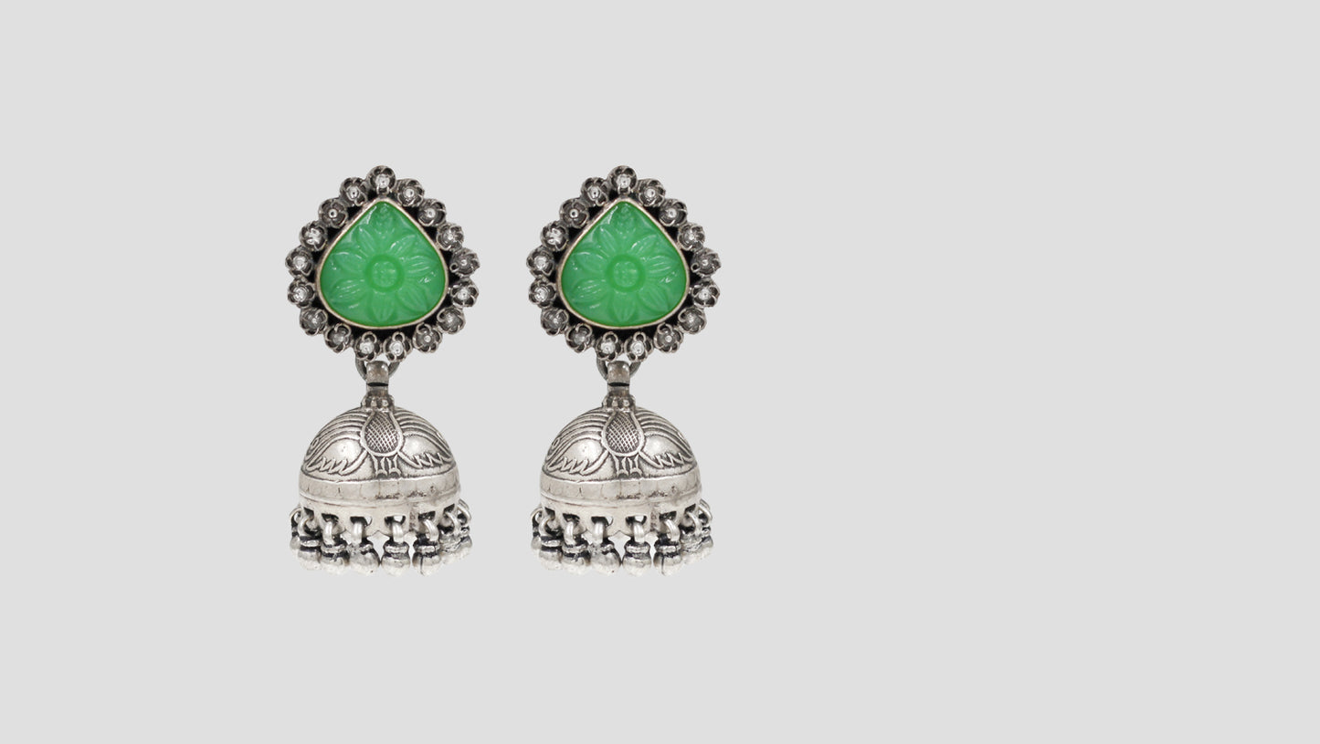 Sangeeta Boochra Floral Green Stone Oxidised Silver Jhumka Earrings