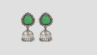 Sangeeta Boochra Floral Green Stone Oxidised Silver Jhumka Earrings