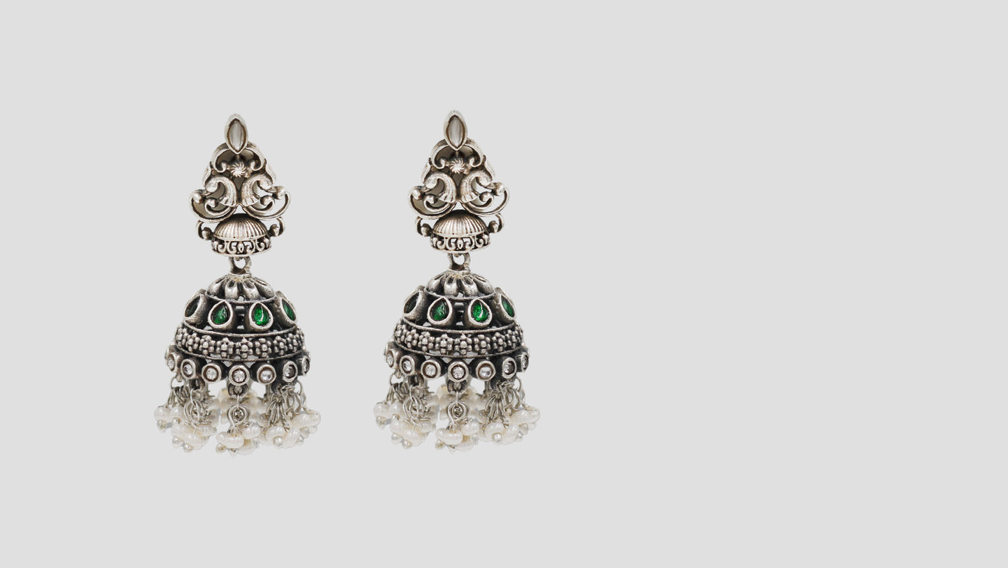 Sangeeta Boochra Peacock Motif Silver Jhumka Earrings with Green Kundan Stones & Pearl Tassels