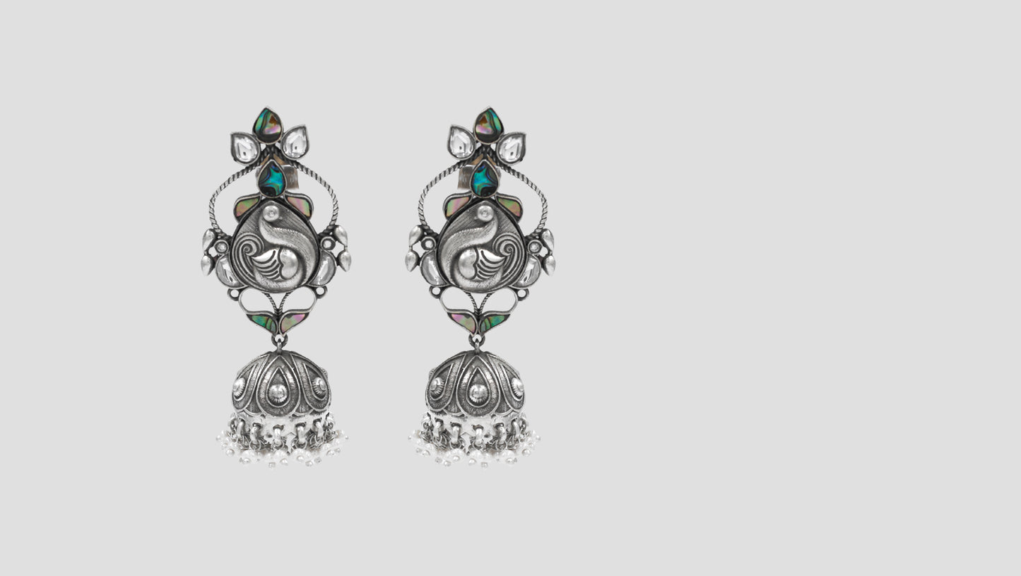 Handcrafted Silver Earrings with Peacock Motif & Pearl Drops