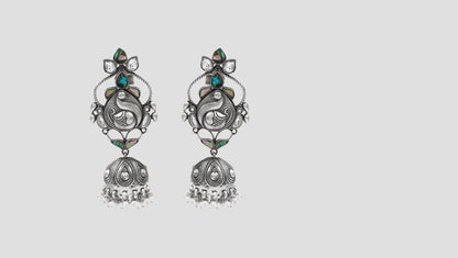 Handcrafted Silver Earrings with Peacock Motif & Pearl Drops