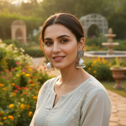 Floral Engraved Oxidised Silver Jhumki Earrings
