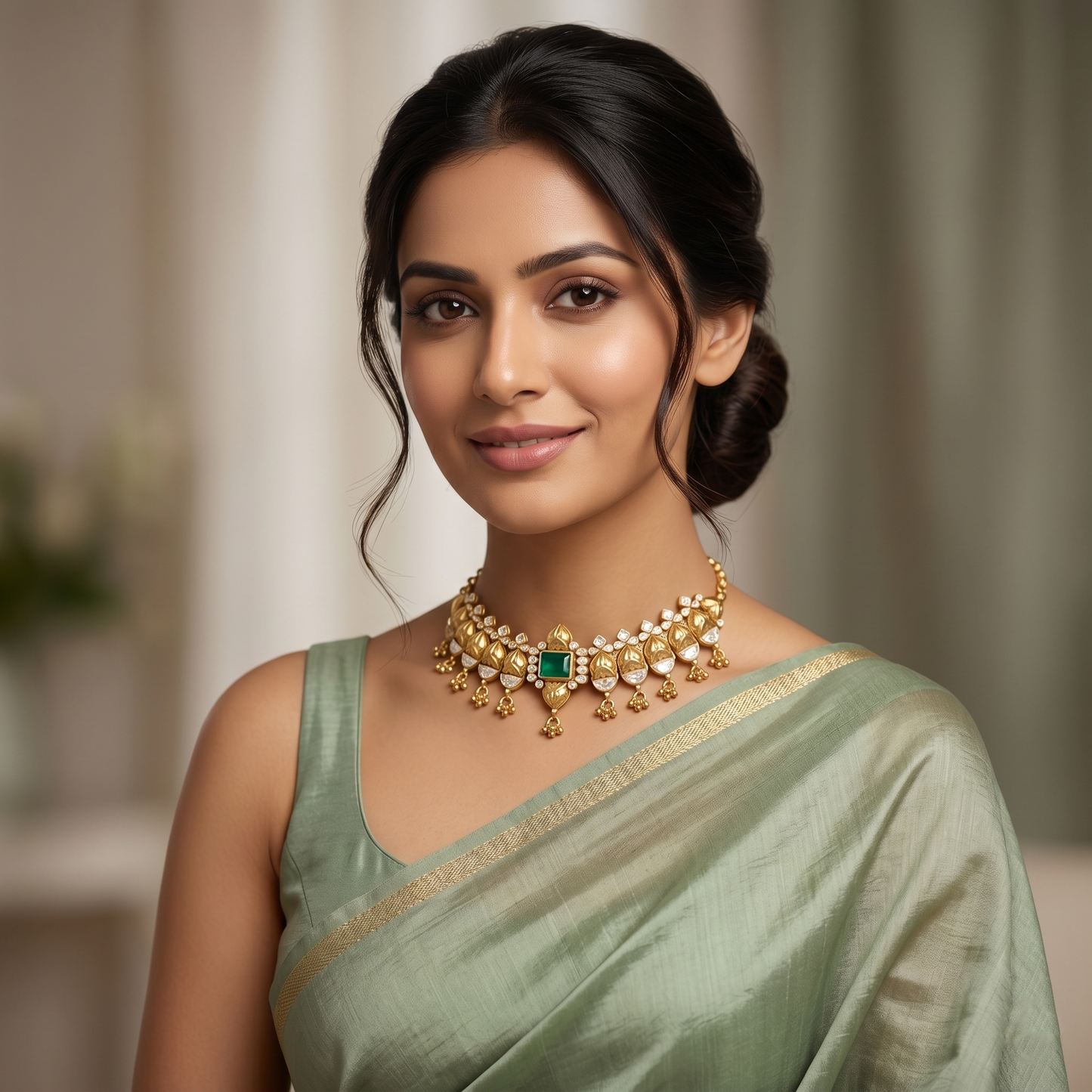 Sangeeta Boochra Designer Gold Plated Silver Traditional Choker with Moissanite & Green Stone