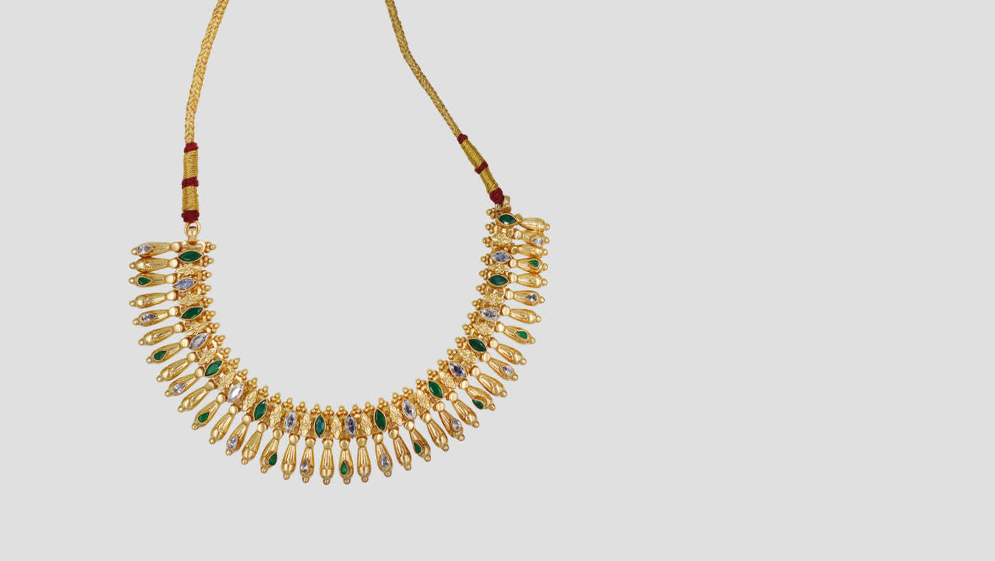 Handcrafted Gold-Plated Silver Statement Necklace with Green & White Stones | Sangeeta Boochra