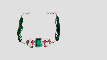 Sangeeta Boochra Silver Choker with Green Stone and Floral Accents