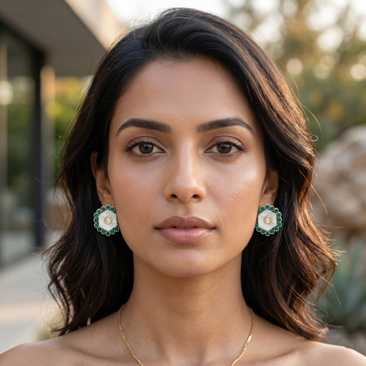 Sangeeta Boochra Elegant Silver Studs with Green Detailing