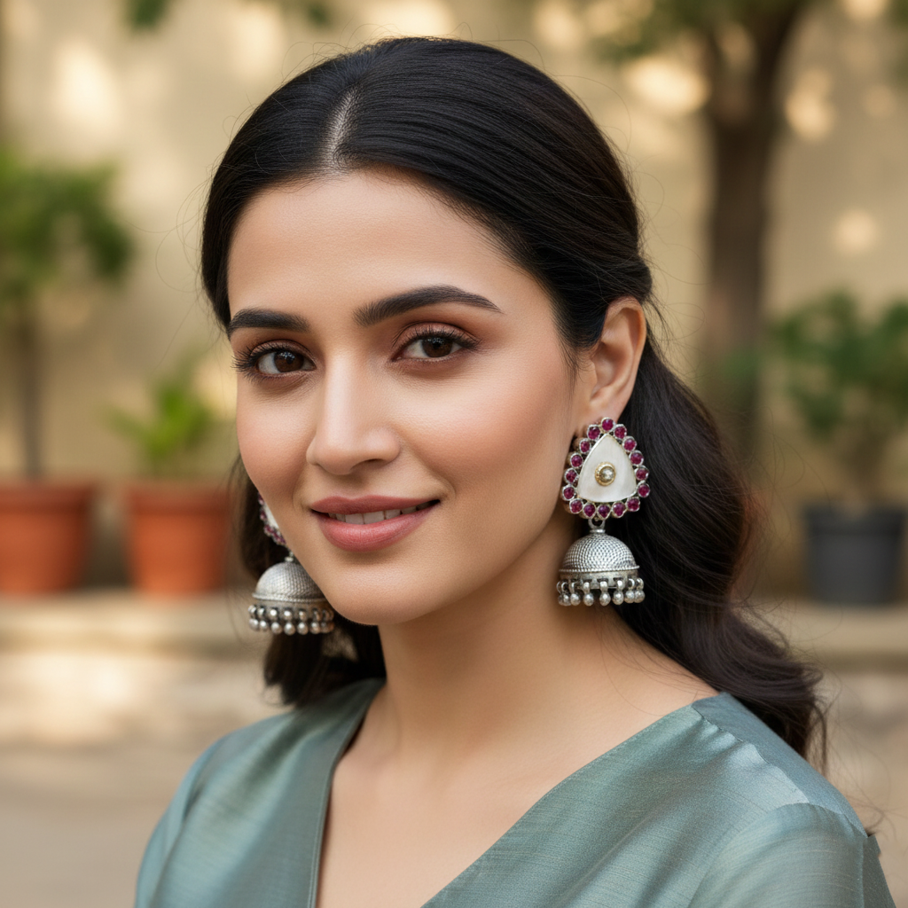 Sangeeta Boochra Classic Ruby Frame Silver Earrings