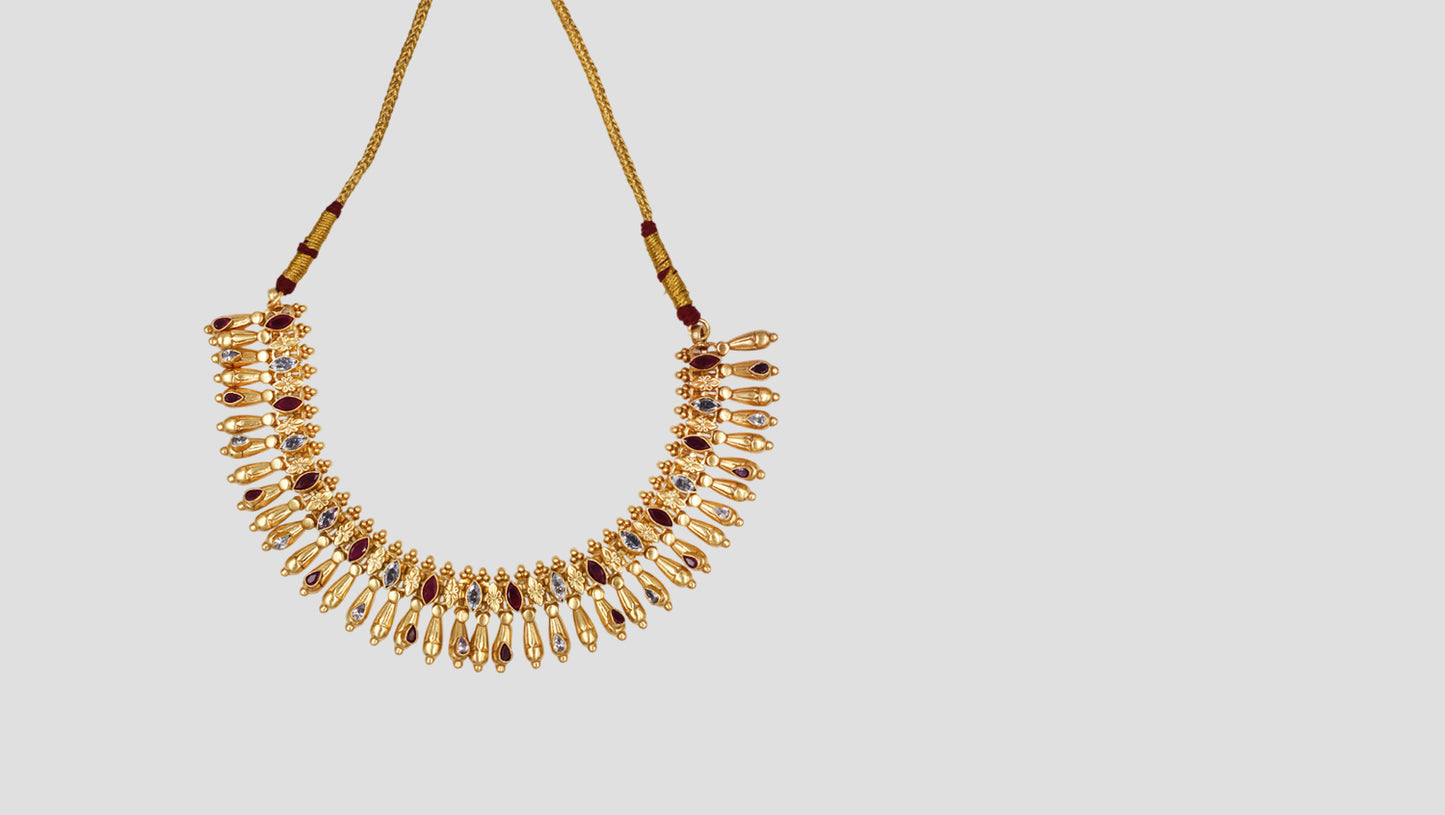Gold-Plated Silver Statement Necklace with Ruby Red & White Stones – Sangeeta Boochra