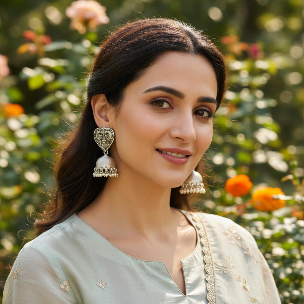 Sangeeta Boochra Traditional Heart Motif Silver Danglers