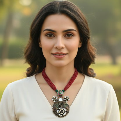 Sangeeta Boochra Statement Silver Pendant Necklace with Red Beads & Artistic Detailing