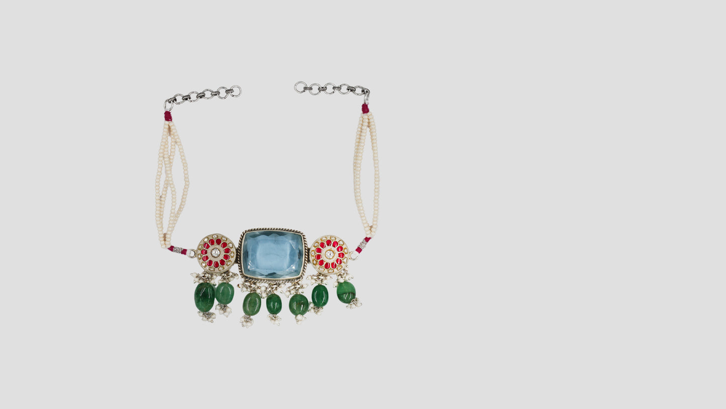 Sangeeta Boochra Artisan Silver Choker with Blue Stone and Pearl Strands